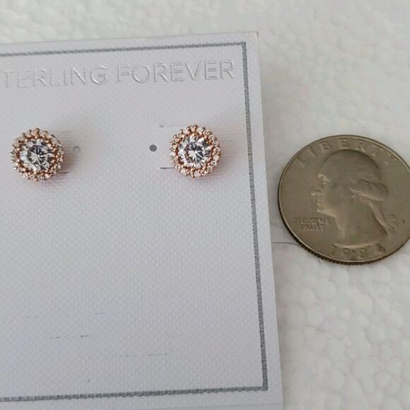 Sterling Forever Rose Gold CZ Halo Stud Earrings - Picture 2 of 6